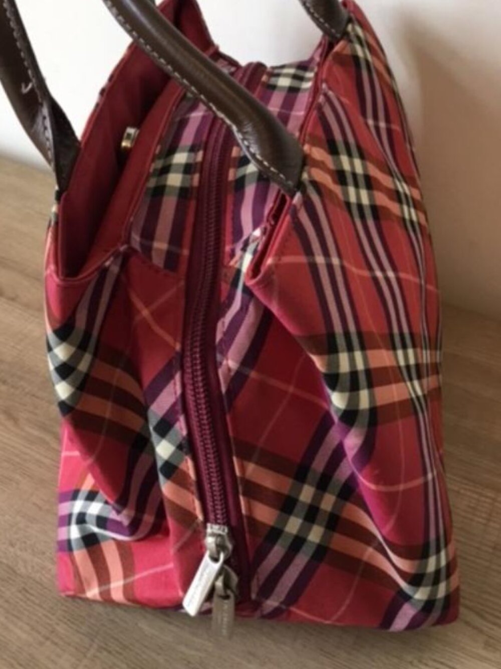 Burberry Blue Label Red Nova Check Mini Tote Bag w/Brown Leather Handles EUC - Picture 4 of 11
